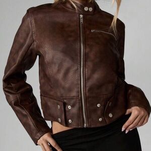MISSGUIDED Women Brown Leather Motorcycle Jacket Classic Biker Zip Up